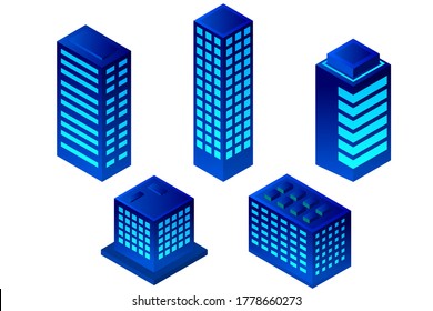 Isometric set of blue colors 3d building modern town street  urban road architecture. Vector illustration map of isometry for the business design concept.