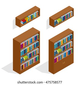 Isometric set of bookshelves. Bookcases with books. Vector 3d flat library.