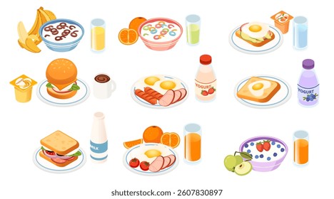 Isometric set of breakfast and meal options. Cereal bowls. Hamburger. Fried eggs. Sandwich varieties. Various drinks in glasses. Breakfast food collection. Vector illustration isolated on white.