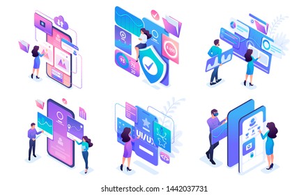Isometric set of bright concepts of work of young people on smartphones and tablets. Use mobile applications