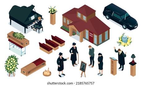 Isometric set with building hearse coffin guests and various elements for funeral service isolated 3d vector illustration