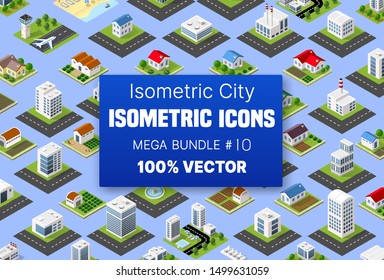Isometric set building houses icons of blocks module of areas of the city construction and designing of the perspective urban of design of the architecture environment