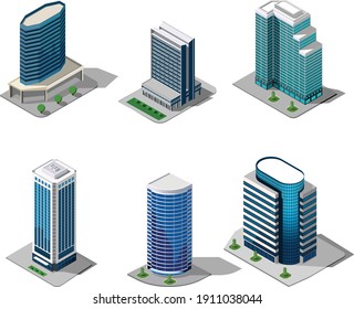 isometric set of building and skyscraper