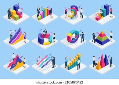 Isometric set of business analysis, analytics, research, strategy statistic, planning, marketing, study of performance indicators. Investment in securities, smart investment, strategic management