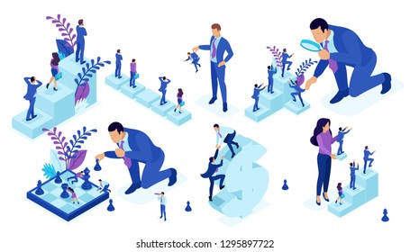 Isometric set of business big businessman running, playing chess, creates strategy. Vector people.