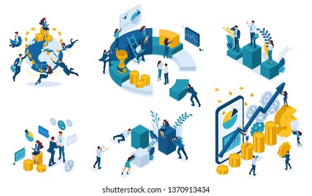 Isometric set of business concepts, investment, banking, leadership, income, capital