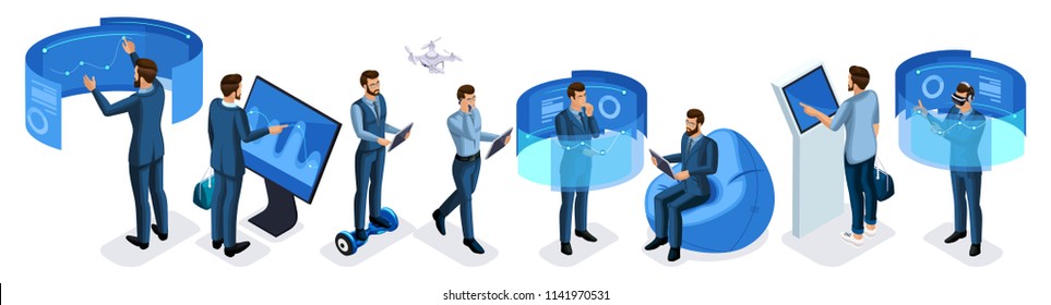 Isometric set of business men with gadgets, a large set of men working on virtual screens, virtual reality, smartphones, laptop, tablet.