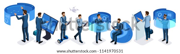 Isometric set of business men with gadgets, a\
large set of men working on virtual screens, virtual reality,\
smartphones, laptop,\
tablet.