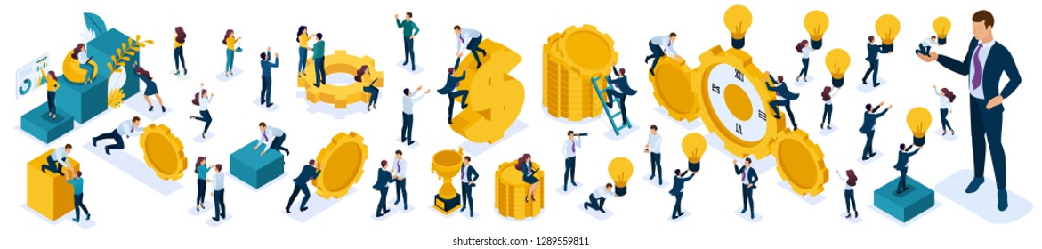 Isometric set of business people to create illustrations. People walk, jump, climb, work, watch