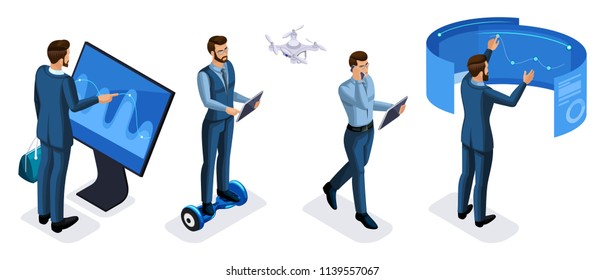 Isometric set of businessman with gadgets front view rear view, use tablets, smartphone, laptops, interactive screens, virtual reality. - Powered by Shutterstock - Get 15% off with code: PIKWIZARD15