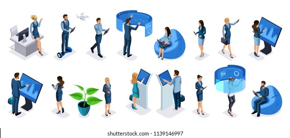 Isometric set of businessmen and business ladies with gadgets, high tech technology, smartphones, laptops, interactive screen, virtual reality, tablet, for vector illustrations.