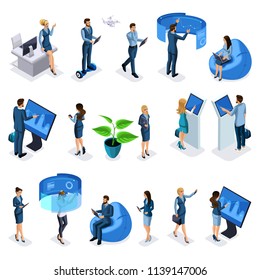 Isometric set of businessmen and business ladies with gadgets, high tech technology, smartphones, laptops, interactive screen, virtual reality, tablet.