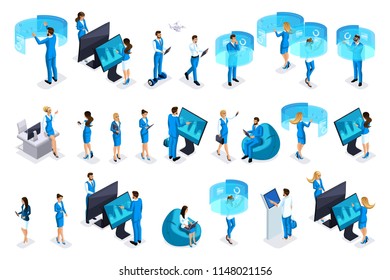 Isometric set businessmen with gadgets, work on virtual screens, beautiful business design. Front view and rear view. Emotions Characters for vector illustrations.