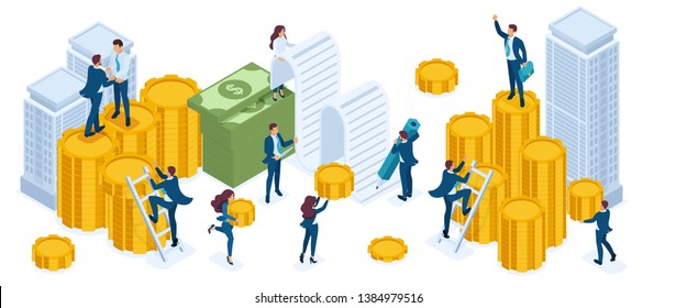 Isometric set of businessmen, investors, bankers, income growth, coins, cash, real estate investment