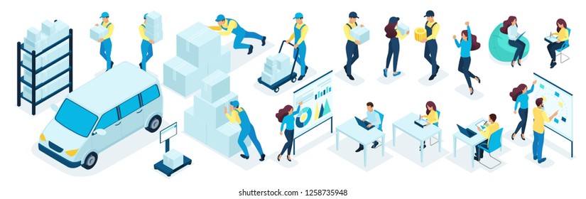 Isometric set of businessmen, office staff in the process. Warehouse staff, delivery service. Big set for vector illustrations.