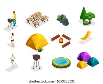 Isometric Set of camping icons, trees, tents, characters on vacation, campfire, Scandinavian walk, table, stones, lake.
