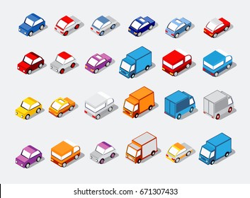 Isometric set cars and trucks transport infrastructure of the town