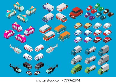 Isometric set of cars, vans, truck with ice cream, sedans, cars of the emergency services. Police vehicle, medical ambulance.  Emergency helicopter.Flat vector.Off-road car.Hospital transport medical.