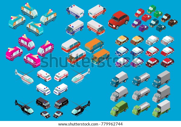 Isometric set of cars, vans, truck with ice\
cream, sedans, cars of the emergency services. Police vehicle,\
medical ambulance.  Emergency helicopter.Flat vector.Off-road\
car.Hospital transport\
medical.
