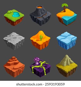 isometric set of cartoon islands landscapes for games, vector illustration