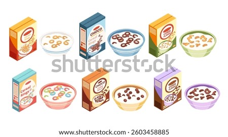 Isometric set of cereal boxes and bowls. Colorful breakfast food packaging. Cereal product containers. Prepared cereal in serving dishes. Vector illustration isolated on white background.