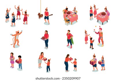 Isometric set of children having fun at birthday party isolated vector illustration