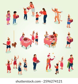 Isometric set of children having fun at birthday party isolated vector illustration