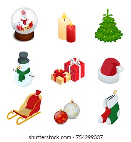 Isometric set of Christmas new year holiday decoration icons set isolated vector illustration New Year s ball, candles, snowman, gifts, Christmas tree, santa hat, sled, New Year s toys