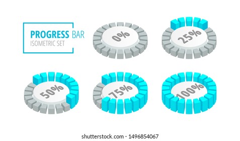 Isometric set of circular progress loading bar isolated on white background. 3d Round download percentage icon collection. Graphic element for UI design, web, infographic, apps. Vector illustration