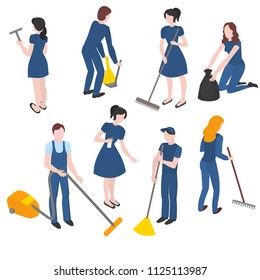 Isometric set of cleaning company staff with the equipment. Cleanup and housekeeping set