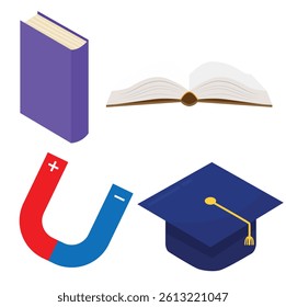 Isometric Set of Closed Book, Open Book, Magnet, and Graduation Cap