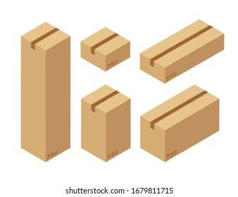 Conjunto isométrico de cajas cerradas. Vista superior de la caja de cartón marrón.  Ilustración vectorial aislada en fondo blanco.