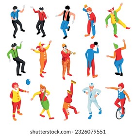 Isometric set of clowns mimes actors wearing colorful costumes isolated vector illustration