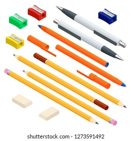 Isometric set of colored engineering and office pens, sharpened pencils of various lengths with rubber and without, eraser rubber and sharpener