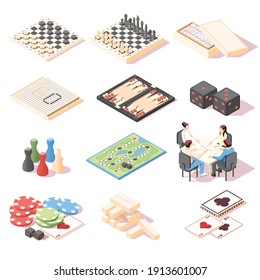 Isometric set with colorful 3d icons of different board games equipment and people playing dominoes isolated vector illustration