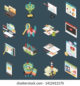 Isometric set of colorful conversion rate icons with marketing funnel tracking search engine optimization 3d isolated vector illustration