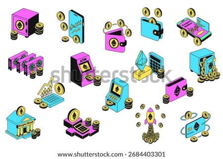 Isometric  set of colorful Ethereum cryptocurrency icons including wallets, ATMs, charts, mining rigs, crypto banks, and digital transactions