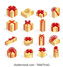 Isometric Set of colorful gift boxes with bows and ribbons. Surprise inside. Lots of presents. Flat style vector illustration isolated on white background.