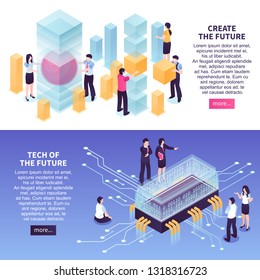 Isometric set of colorful horizontal banners with people and high technologies of future 3d isolated vector illustration