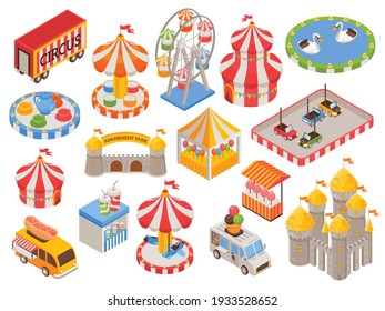 Isometric set of colorful icons with circus tent castle carousel food truck cars ferris wheel in amusement park isolated vector illustration