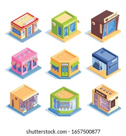 Isometric set of colorful icons with various shops and cafes exterior isolated on white background 3d vector illustration