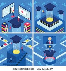 Isometric set of colorful illustrations on the topic of e-learning, young people are on online education using tablets and phones