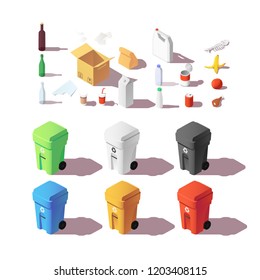 Isometric set of colourful trash cans. Sorting garbage bins. Zero waste, ecology and recycle concept