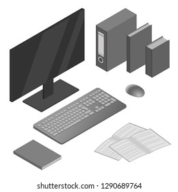 Isometric set of computer with keyboard, mouse, document, book, notebook, workbook, folder