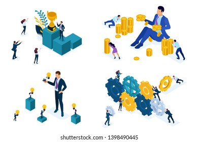 Isometric Set concept the mechanism of the team, selling ideas, investments, success. Modern vector illustration concepts for website