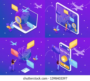 Isometric Set concept travel, globe, rest, tour, tourists. Modern vector illustration concepts for website