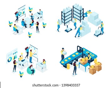 Isometric Set concept warehouse, holding company, business training, industrial enterprise. Modern vector illustration concepts for website