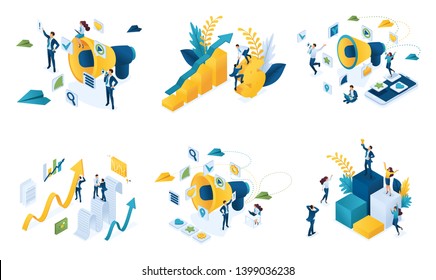 Isometric set of concepts on the topic of digital marketing, business marketing, teamwork, success.