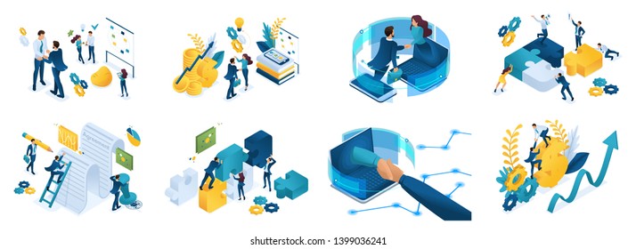 Isometric set of concepts on the topic of online cooperation, agreement, financing of projects, online consultation, partnership, joint project.