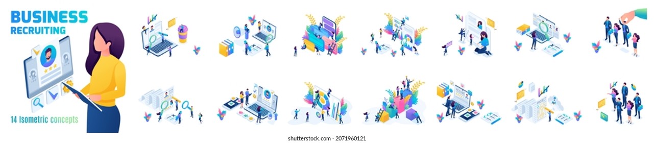 Isometric Set Concepts Recruitment for Business. Management team selects personnel, HR management, Recruiting. For Vector Illustrations.
